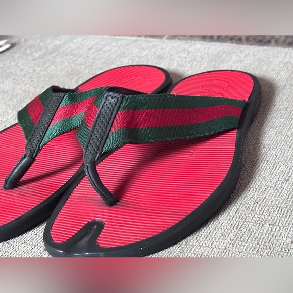 Gucci Gucci Web Green Red Thong Strap Men’ Rubber Sandals Size 10 G 11 US - Picture 1 of 11